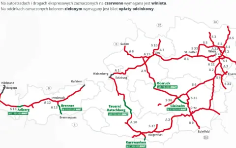 Mapa Austrii z zaznaczonymi trasami. Czerwone drogi wymagają winiety, zielone opłaty odcinkowej. Sprawdź e-winieta Austria cena przed podróżą.