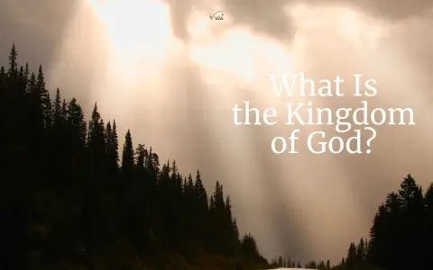 Sunlight streams through clouds over a dark forest, illuminating the question: "What Is the Kingdom of God?