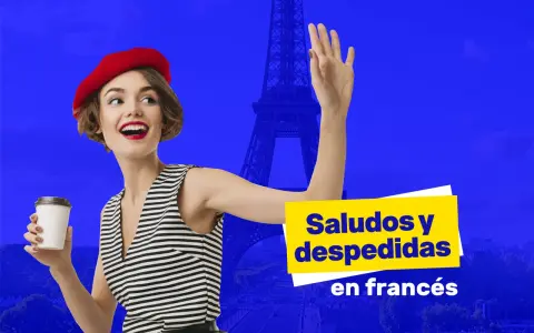 Mujer con boina roja y taza de café saluda, con la Torre Eiffel de fondo. Aprende como se dice saludos en francés.