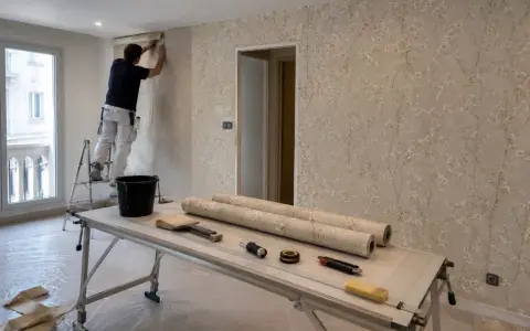 Hombre en escalera empapelando pared con diseño floral. Sobre la mesa, rollos de papel, brochas y herramientas para empapelar.