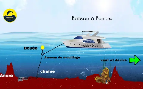Un bateau "Mobby Dick" est à l'ancre, relié par une chaîne à une bouée. L'ancre maintient le navire en place.