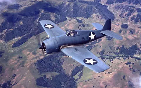 Ein F6F Hellcat-Jäger fliegt über hügeliges, bewaldetes Gelände.