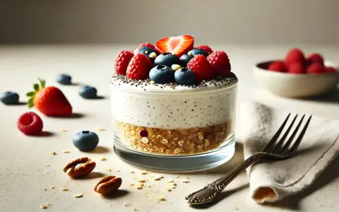 Ein Glas mit einem Schichtdessert, das wie ein **high protein cheesecake** aussieht, garniert mit Beeren und Nüssen.
