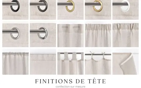 Mise en avant de divers plis flamands pour rideaux : œillets, ruflettes, pattes et nouettes.