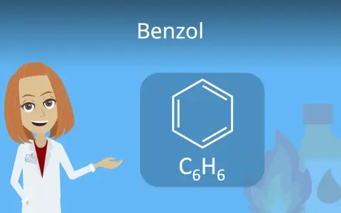 Eine Wissenschaftlerin erklärt die chemische Formel C₆H₆ für Benzol, daneben eine Flamme und eine Flasche.