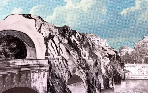 Le Pont Neuf, une œuvre d'art surréaliste, se dresse au-dessus de la Seine, ses arches rocheuses défiant la gravité sous un ciel bleu pointillé.