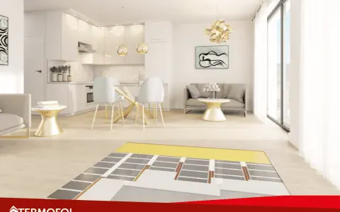 Warstwa izolacyjna i mata do podłogówki TERMOFOL pod jasnym drewnianym parkietem w nowoczesnym salonie z kuchnią.