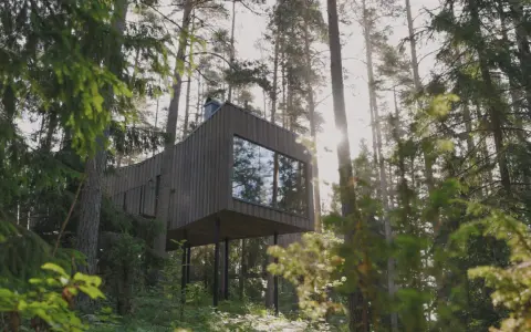 Modernt naturhotell i Sverige, inbäddat bland höga tallar. En arkitektonisk pärla som smälter samman med skogens lugn.
