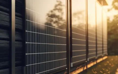 Nowoczesny płot z paneli fotowoltaicznych odbija ciepłe światło zachodzącego słońca, tworząc zieloną energię.