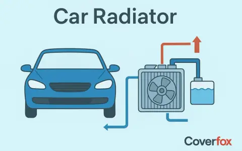 Diagram showing a blue car connected to a car radiator with a fan and coolant reservoir, illustrating how a radiator cools the engine.