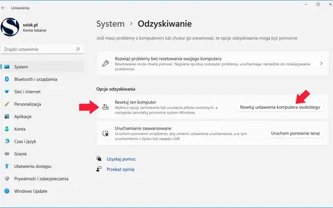 Opcje odzyskiwania systemu Windows: resetowanie komputera lub zaawansowane uruchamianie. Formatowanie Windowsa może być potrzebne.