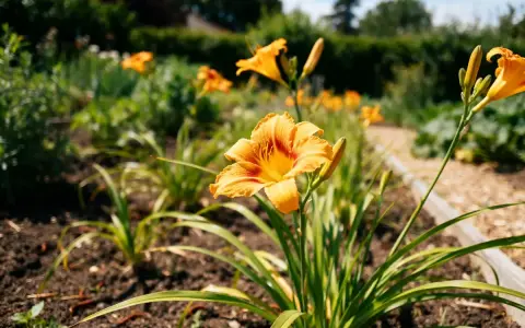 Un jardin fleuri avec des hémérocalles orange éclatantes. L'entretien de ces fleurs est simple pour un tel spectacle.