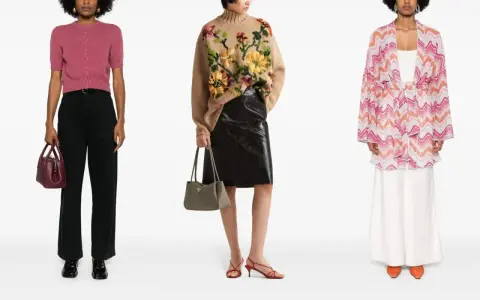 Moda anni '50: cardigan rosa, maglione floreale con gonna in pelle, abito a fantasia zig-zag.