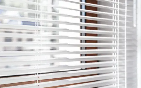 Close-up of white horizontal blinds with visible cords, showing the slats and a hint of the window frame.
