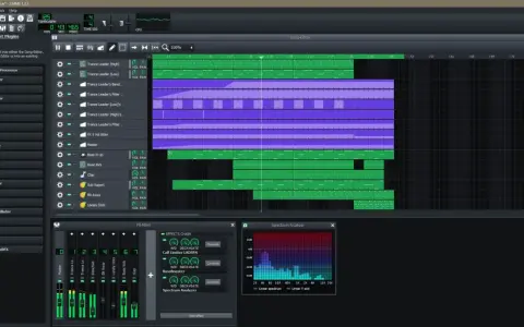 Interface de LMMS, un logiciel de création musicale, montrant la piste d'édition, les instruments et l'analyseur de spectre. Le meilleur logiciel musique gratuit pour vos créations.