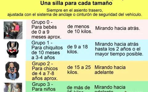 Guía de sillas de coche: Grupo 0 (bebés <10kg, mirando atrás), Grupo 1 (niños 9-18kg, mirando atrás), Grupo 2 (4-8 años, mirando adelante), Grupo 3 (niños >25kg, mirando adelante). La altura máxima de la silla de niños coche varía según el grupo.