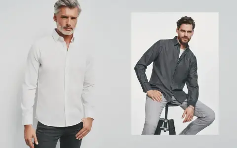 Mężczyzna w białej koszuli z kołnierzem typu button-down i mężczyzna w szarej koszuli dżinsowej.
