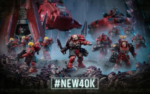 Guerrieri corazzati rossi affrontano creature aliene in una scena epica del **warhammer gioco da tavolo**. #NEW40K.