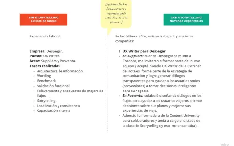 Ejemplos de cómo contar la historia de mi vida: lado izquierdo lista tareas, lado derecho narra experiencias de UX Writer en Despegar.