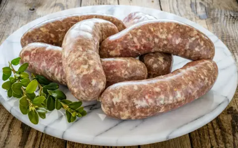 Kilka surowych kiełbasek białych parzonych ułożonych na marmurowej desce, ozdobione gałązką zielonych liści.