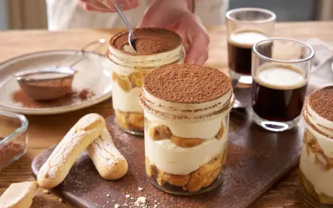Pyszne tiramisu składniki w słoiczkach, z biszkoptami i kawą.