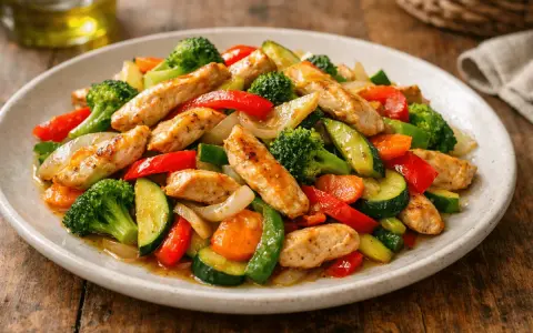 Salteado de pollo con verduras: trozos de pollo dorado con brócoli, pimientos rojos, calabacín y zanahoria.