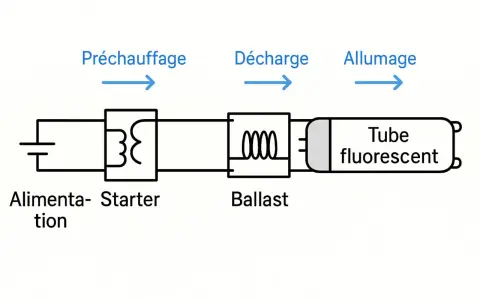 Schéma d'un circuit de tube fluorescent : alimentation, starter, ballast, tube fluorescent. Le starter est essentiel pour le préchauffage.