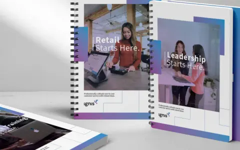 Notebooks with "Retail Starts Here," "Leadership Starts Here," and "Product Training Starts Here" for board meeting materials.