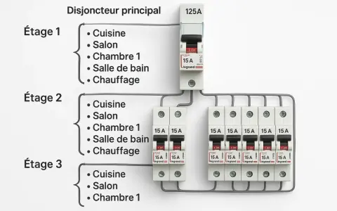 Schéma électrique montrant un disjoncteur principal 125A alimentant plusieurs disjoncteurs 15A pour chaque étage, protégeant chaque prise électrique.