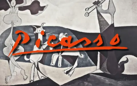 A surreal scene in Picasso art style, featuring abstract figures and goats, with the artist's name boldly overlaid in orange.