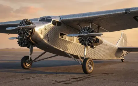 Ein glänzendes Ford Tri-Motor Flugzeug steht auf dem Rollfeld. Die drei Motoren sind gut sichtbar, ebenso wie die charakteristische Wellblechverkleidung.