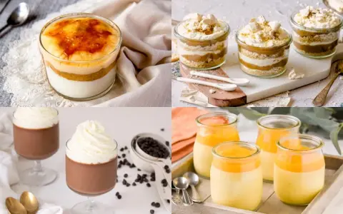 Collage de 4 postres en vasito: crema quemada, capas de galleta y dulce de leche, chocolate con crema y postre de mango.