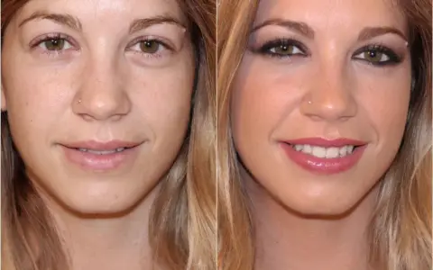 Comparación de rostro: antes sin maquillaje, con ojos cansados, y después con maquillaje que realza la mirada y el brillo de los labios.