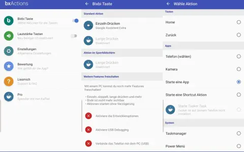 BxActions-App: Bixbi Taste für Samsung Assistant konfigurieren. Wähle Aktionen für Einzel- und Langdruck.