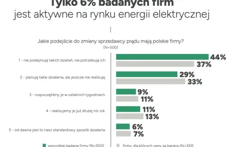 Wykres słupkowy pokazuje podejście polskich firm do zmiany dostawców energii. Tylko 6% firm jest aktywnych na rynku.