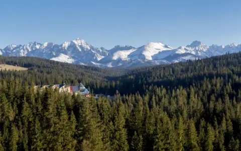 Widok na Tatry z lasem i kompleksem basenów. Szukasz odpowiedzi, jak dojechać do Bukowiny Tatrzańskiej?