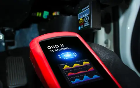 Un tecnico usa uno scanner OBD II per analizzare i dati dell'ECU dell'auto, mostrando grafici di sistema.