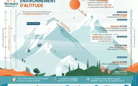 La **perte température altitude** est illustrée par une montagne. Le vent, l'air froid et humide, et l'air chaud et sec influencent les conditions.
