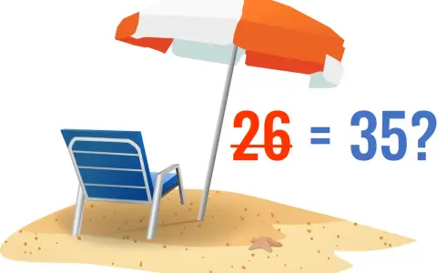 Plaża z leżakiem i parasolem. Obok napis: "26 = 35?". Czy to pytanie o to, od kiedy 35 dni urlopu?