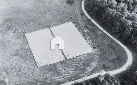 Wizualizacja wyznaczonego terenu pod budowę domu z zaznaczonymi punktami granicznymi. Pokazuje, ile od granicy działki można postawić dom.