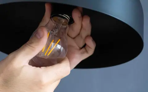 Mains tenant une ampoule LED à filament, prête à être installée. La chaleur de l'ampoule est symbolisée par ses filaments jaunes lumineux.