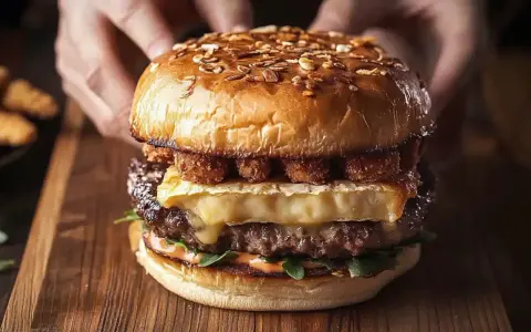 Apetyczny burger drwala przepis: soczysta wołowina, rozpływający się ser, chrupiące dodatki i puszna bułka. Idealny na głód!