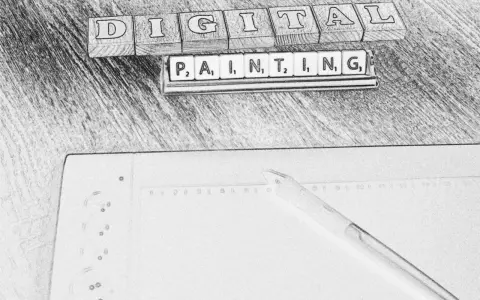 Drewniane klocki z literami układają się w napis "DIGITAL PAINTING". Obok leży pióro i notatnik, sugerując rozpoczęcie kursu.