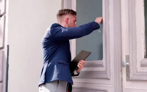 Mężczyzna w garniturze puka do drzwi, trzymając teczkę. Może to być wizyta związana z vex windykacja.