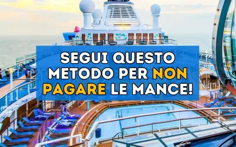 Piscina e sdraio su una nave da crociera. Testo: "Segui questo metodo per non pagare le mance!