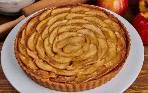 Tarta de manzana dorada, con finas láminas de manzana dispuestas en espiral sobre una base crujiente. ¡Perfecta para disfrutar!