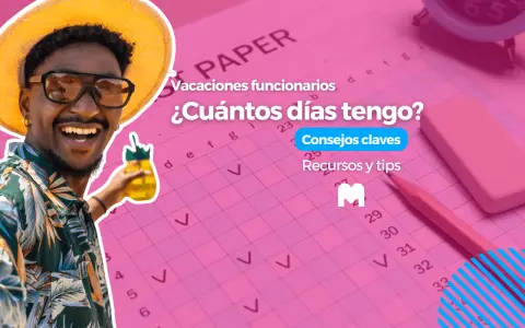 Hombre sonriente con sombrero de paja y gafas de sol, sosteniendo una bebida. El fondo muestra un calendario rosa con la pregunta "¿Cuántos días tengo?" y la frase "con cuántos días de antelación hay que pedir asuntos propios".