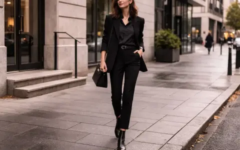 Elegancka kobieta w czarnym garniturze, z torebką i butami, idzie ulicą. Jej styl to nowoczesny goth.