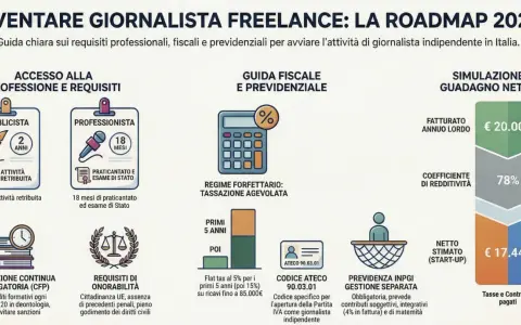Percorso per diventare giornalista freelance: requisiti, tasse, previdenza e guadagno netto stimato.
