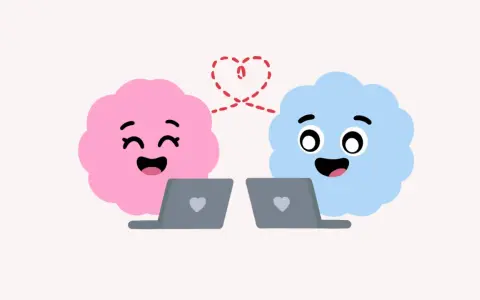 Różowa i niebieska chmurka z uśmiechami pracują na laptopach, tworząc kreatywne spędzanie czasu we dwoje. Serduszko łączy ich myśli.